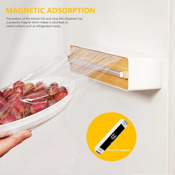 Magnetisk Klamfilmdispenser og Kutter, Påfyllbar Klamfilm & Aluminiumsfolie Dispenser og Kutter Veggmontert, Plastfolie Organizer woodgrain Plastic Lid