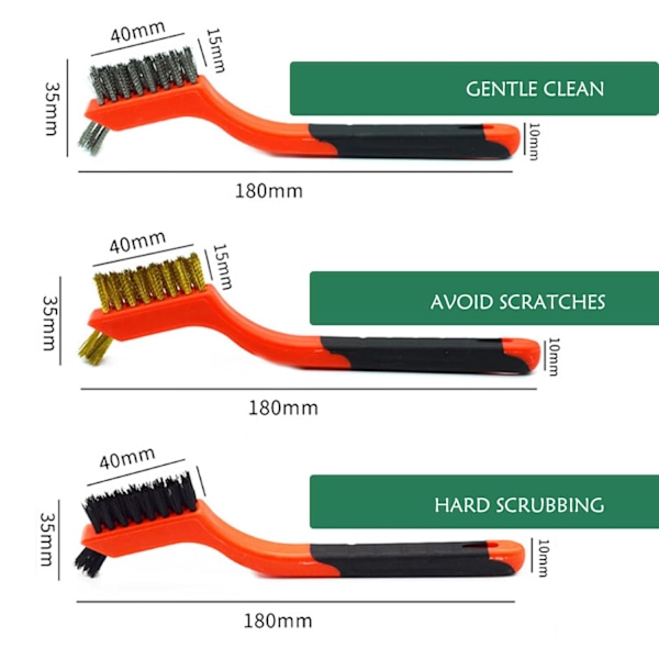 Trådpenselsett for rust, skitt og malingsskrubbing med dyp rengjøring i hull, 3 stk messing/rustfritt stål/nylon børster