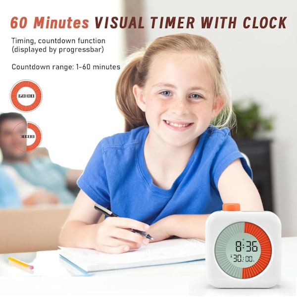 Visuell timer digital, 60-minuters 3-i-1 nedräkningsrotationstimer för barn och vuxna, LCD-skärm Pomodoro-tidshantering