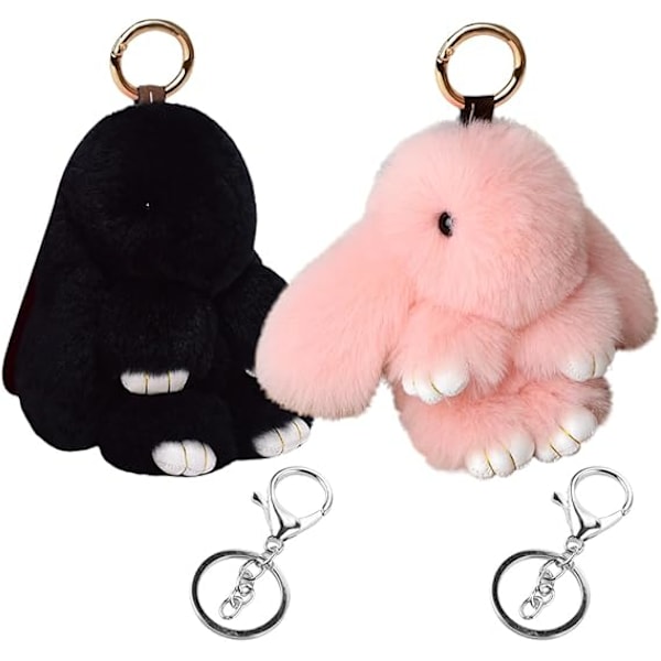 2 Stykker Plys Kanin Nøglering, Blød Plys Mini Kanin, Plys Kanin Nøglering, Sød Nøglevedhæng Kanin Kæde Nøglering, (sort+pink)