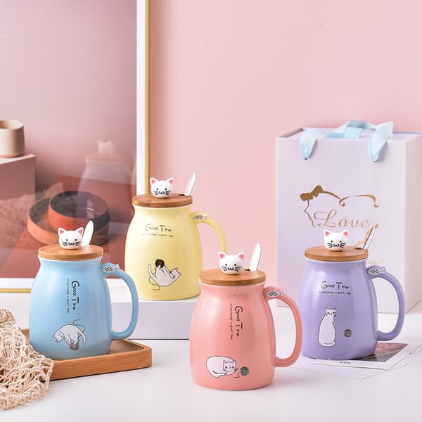 Kattmugg Keramisk Kaffe Mugg Tekopp med lock Sked Söt Cool Preppy Saker Presenter till Kvinnor Blue