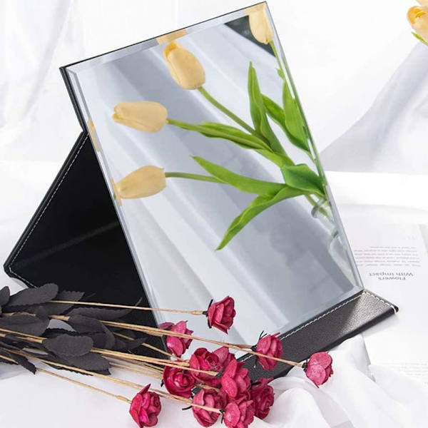 Bærbar Foldbar Makeup Spejl Sort PU Læder Rejse Spejl med Stativ Skrivebord Vanity Spejl til Rejser Camping (17 * 12,2 cm)
