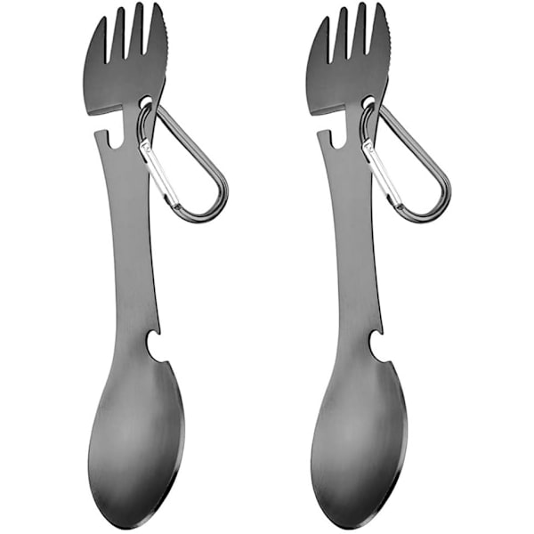 2-pack resekit bestickset i rostfritt stål, gaffel, sked, flasköppnare, 5-i-1, för camping, vandring, fiske