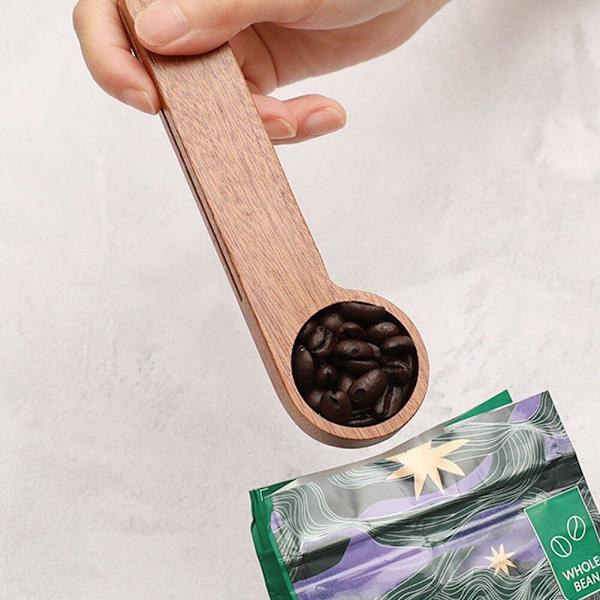Kaffeske med Poseclips Multifunktionel Trækaffeske Tætningclips Køkken Måleskeer til Malet Kaffe og Bønner