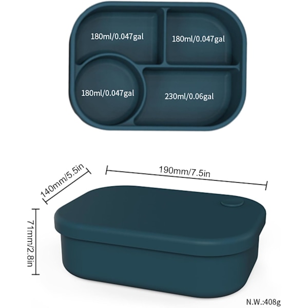 Bento Lunch Box, Silikonmatbehållare för mat för barn och vuxna, 4 fack Lunchlåda, Mikrovågsugn Diskmaskin Blue