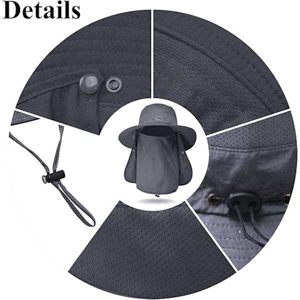 Utomhus solhatt, fiskehatt, sommar UV-skydd bredbrättad hatt med avtagbart ansikts- och nackskydd Dark Gray