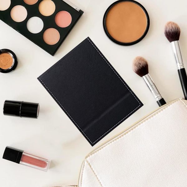 Bærbar Foldbar Makeup Spejl Sort PU Læder Rejse Spejl med Stativ Skrivebord Vanity Spejl til Rejser Camping (17 * 12,2 cm)
