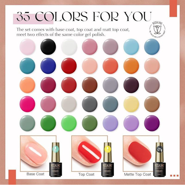 ROSALIND 38-delars gelnagellackset med 35 färger + Base Coat &amp; Top Coats (38 x 5 ml)