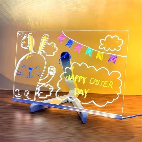 LED-tegnebrett med USB, sammenleggbart stativ, 7 tusjer og 2 kluter