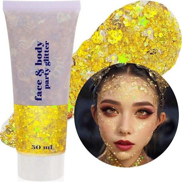 Face &amp; Body Glitter Gel | Liquid Shimmer Sequins för smink och fest - Guld (50 ml)
