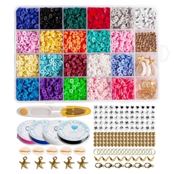Clay Beads-  KREA DIY Akrylpärlsmyckesats med pärlor i glada färger, gummiband, lås, sax - 1 låda med 24 fack