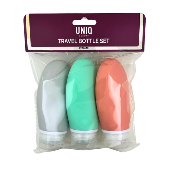 UNIQ Reseflaskset 100 ml - 3-pack klämbara och återanvändbara plastflaskor för handbagage