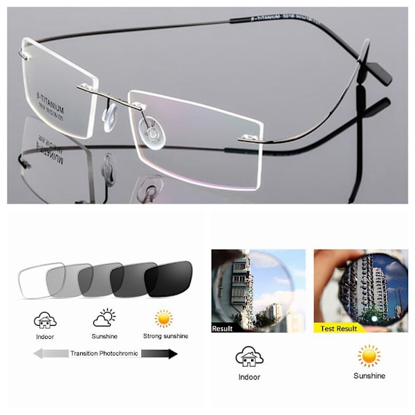 Flexibla Bågfria Minneslegering Övergång Fotokromatiska Läsglasögon +25 ~+600 Gunmetal +2.50 strength