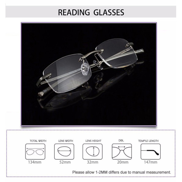 Affärsstil Herr Rimless Läsglasögon Legering Metallram Läsare +100/+300 +1.00 strength