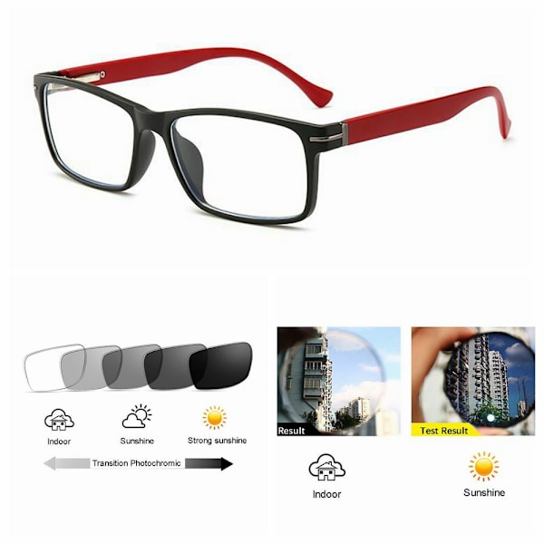 Rektangulära Nerd Geek Transition Fotokromatiska Läsglasögon +0.5 1.25 1.75 ~+6.0 Red +6.00 strength