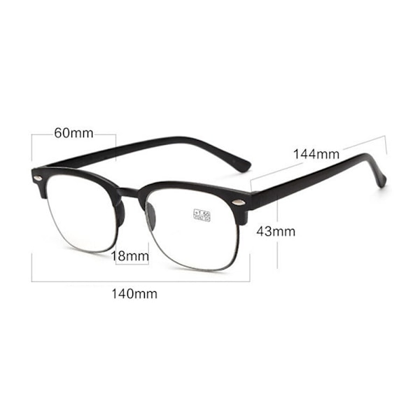 2 st Läsglasögon TR90 Plast Halv Båge Ålderssynthet Linser +100 +150 till +400 Black +3.50