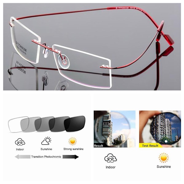 Flexibla Bågfria Minneslegering Övergång Fotokromatiska Läsglasögon +25 ~+600 Silver +4.00 strength