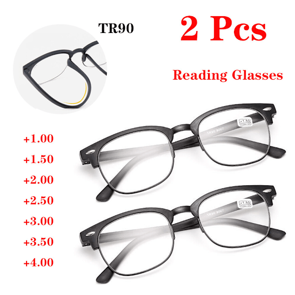 2 st Läsglasögon TR90 Plast Halv Båge Ålderssynthet Glasögon +1.00 till +4.00 Black +1.50