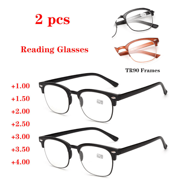 2x Läsglasögon Herr Dam TR90 Plast Halvram +1.00 till +4.00 Black +1.50