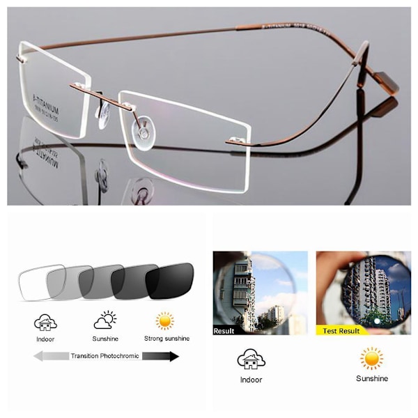 Flexibla Bågfria Minneslegering Övergång Fotokromatiska Läsglasögon +25 ~+600 Gunmetal +2.50 strength