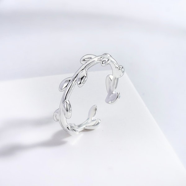 NY Äkta 925 Sterling Silver Olivblad Justerbar Ring Dam Flickor Smycken