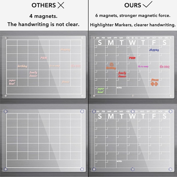 Akryl magnetisk torr radera kalender för kylskåp, tydlig månadsplanerare för kylskåp, med 8 färger torr radera markörer, 15\"x11\"