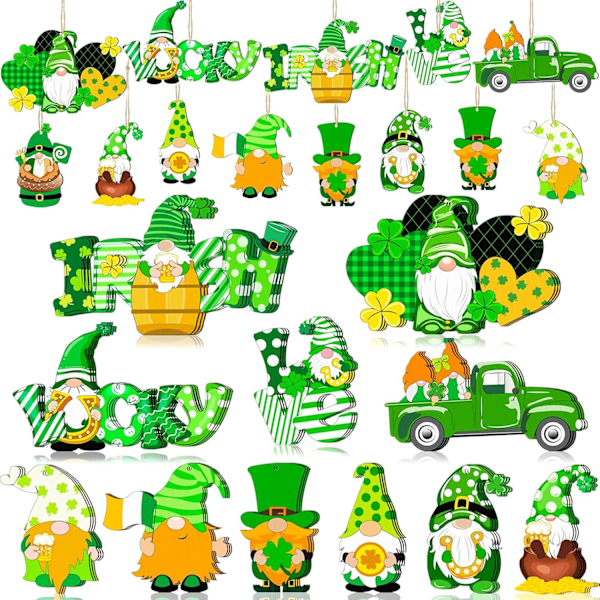 St. Patrick's Day Gnome-prydnader, 36 st irländska shamrock-träprydnader för träddekorationer