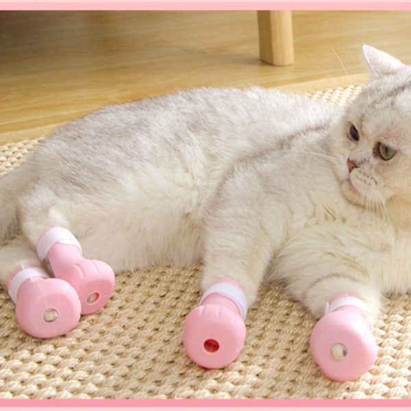 Justerbart Pet Cat Paw Protector för badmjuka silikonskor C Rosa 4 st