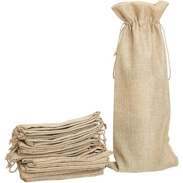 10 st Jute Vinpåsar, 14 x 6 1/4 tum Hessian Vin Flaska Presentpåsar med Dragsko (Brun) Brun, 750ml 10 st (Förpackning om 1)