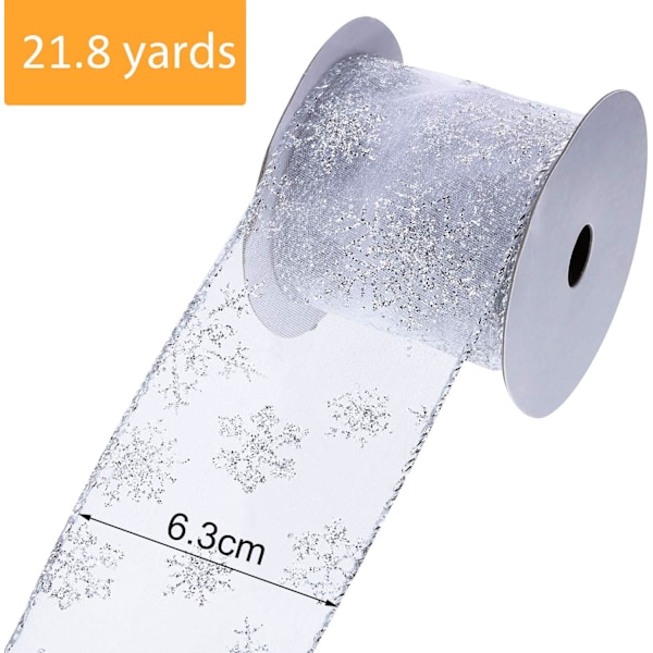 6,3 cm bred organza band med silver snöflingor, 20 m genomskinlig trådglänsande band för juldekoration