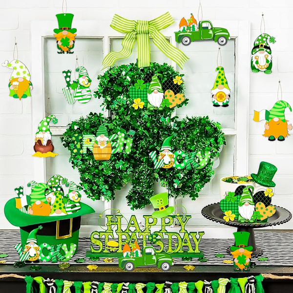 St. Patrick's Day Gnome-prydnader, 36 st irländska shamrock-träprydnader för träddekorationer