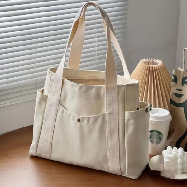 Beige Tote Bag - Snygg och hållbar - Perfekt för vardagsbruk, shopping och resor - Rymlig och mångsidig