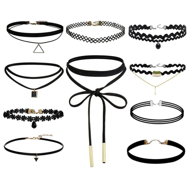 10 delar choker halsband svart klassisk sammet Stretch Gothic svart set