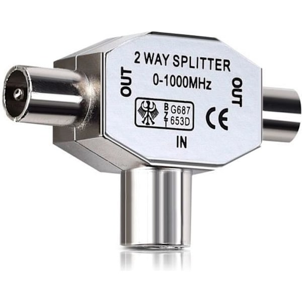 Kabler Tilbehør - Antennesplitter T 2-vejs antennefordeler 2x koaksialstik Dvb-t/bk 0-1000 Mhz strømforsyningskobling