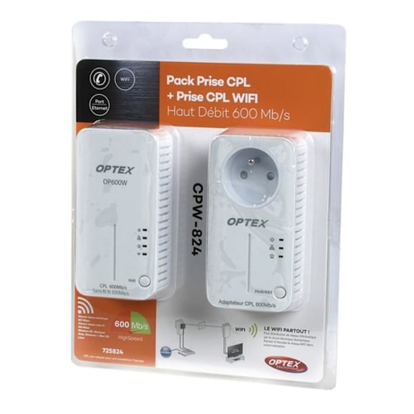 600 MBPS WIFI Powerline Socket Pack - OPTEX - HOME PLUG AV 1.1 - WEP, WPA-PSK, WPA2-PSK