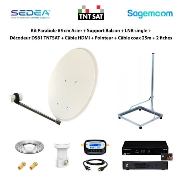 65 cm stål parabolsæt + altanbeslag + enkelt LNB + DS81 TNTSAT-dekoder + HDMI-kabel + pointer + 25 m koaksialkabel + 2 F-stik