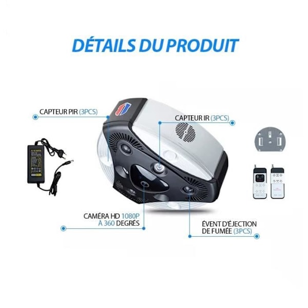 Smoke Generator Security Varkaudenesto Langaton Wifi Valvontakamera JT-043S 360° HD 1080P PIR Motion Detection Musta