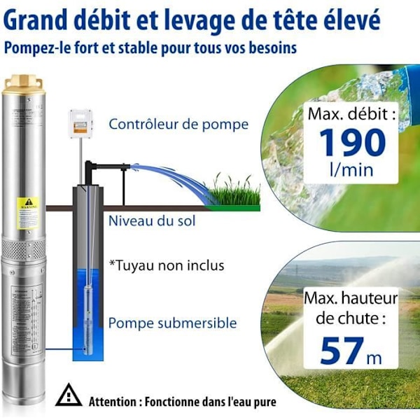 Uppokaivopumppu 190 L - min 57 m vesipumppu syvälle ruostumattomasta teräksestä valmistettuun kaivoon, sähköinen 1100 W uppoautomatiikka