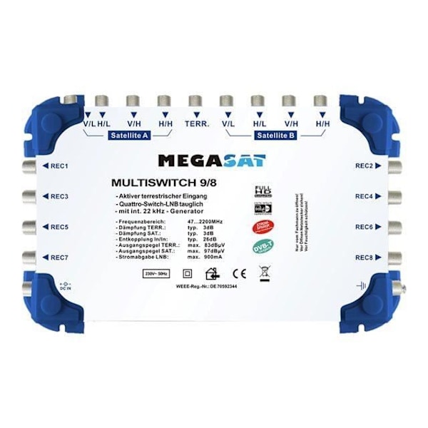 Multiswitch - MEGASAT - 9/8 1TER/2SAT - 8 Satellitingångar - Strömförsörjning 220V - Justerbart förstärkning