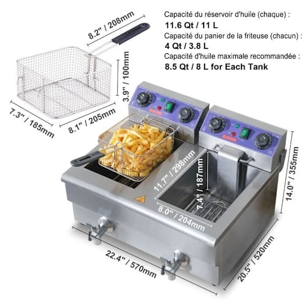 Kommerciel elektrisk frituregryde Oliefriture 2 rustfri ståltanke 12L 6000 W - Til restauranter Supermarkeder Fastfood Snackbarer