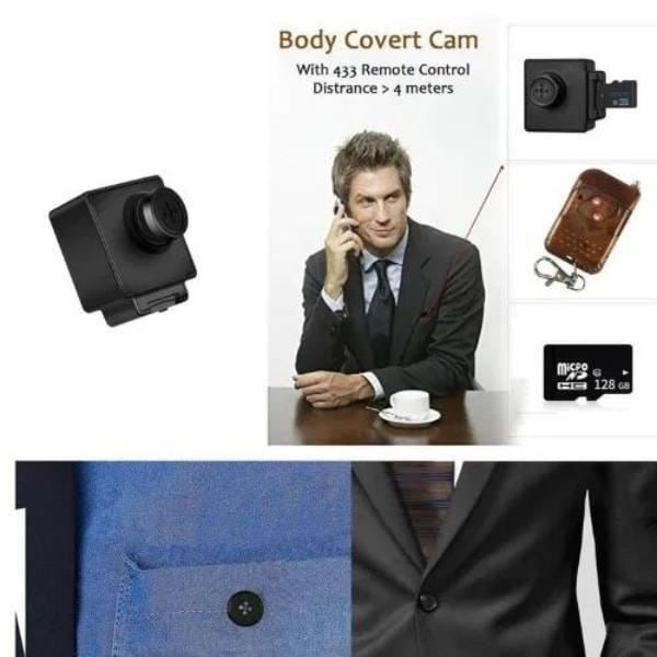 Mini Spy Button Camera Full HD 1080p 30FPS med fjernbetjening, indbygget mikrofon + 128 GB Micro TF SD-kort