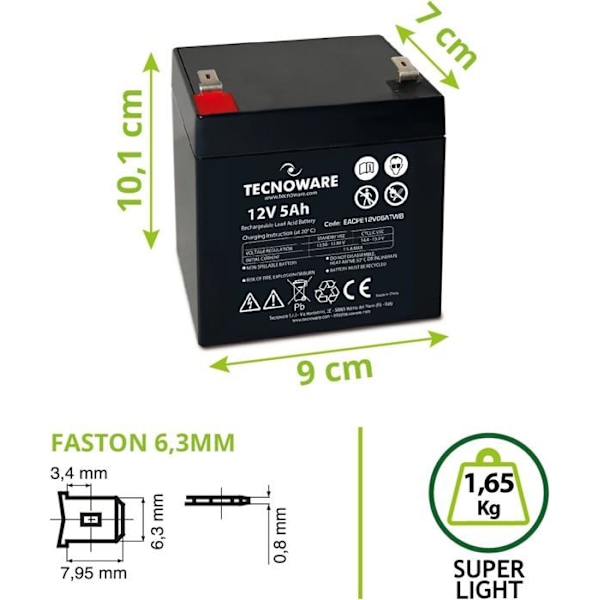 Batteri - Tecnoware - 12 V - Kapacitet 5 Ah - Vattentätt - 6,3 mm Faston-uttag
