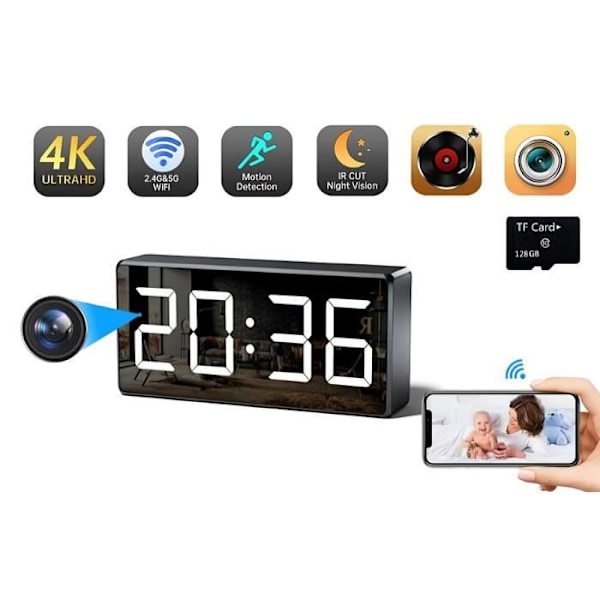 Mini 4K HD WiFi säkerhetsklockkamera med smart app och rörelsedetektion + 128G Micro TF SD-kort