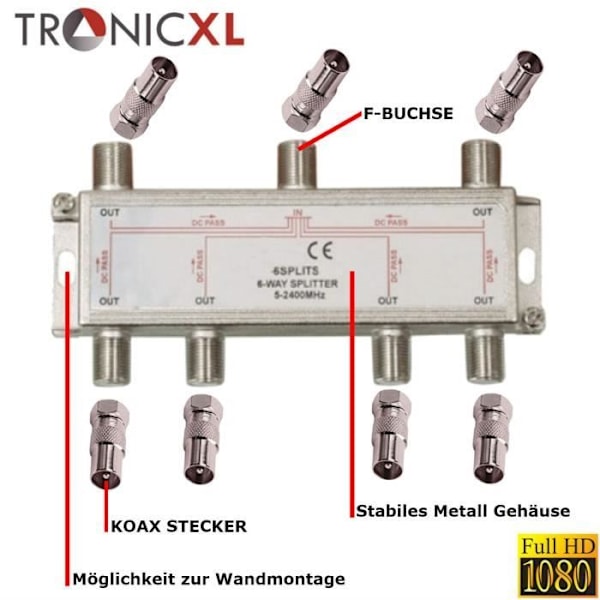 TronicXL 6 Way Splitter BK Premium Satellit TV Antenne Kabel Adapter til Freeview SAT Kabel TV dvbs dvbs2 DVBT