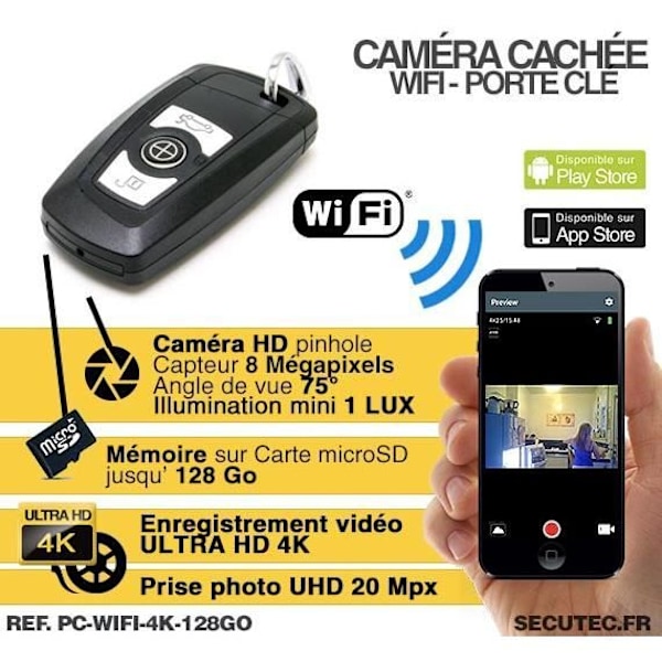 WIFI Ultra HD 4K dold kamera bilnyckel - AMC - med 128 GB MicroSD-kort