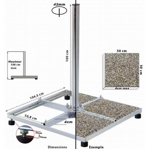 Chassi: 4 tvärstycken på 50x50cm Höjd 1m - Parabolstöd för terrass & balkongfäste