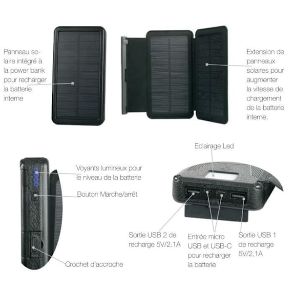 Extern batteri - OPTEX - 20000 mAh - Solenergi - 2 ingångar - 2 USB 2.1A-portar grå hopfällbar Grå