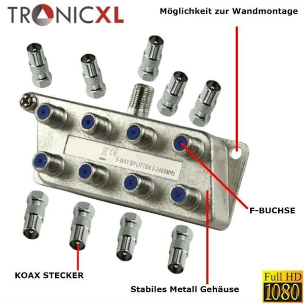 TronicXL 8-Socket TV Splitter BK Premium TV Antenn Splitter Adapter
