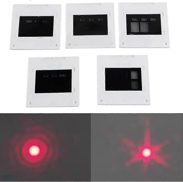 5-delt sæt af interferensdiffraktionsgitre, enkelt og dobbelt, trekolonne, rundt mellemrum til optiske eksperimenter (50 x 50 mm)