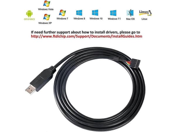 USB til TTL Seriel 5V Adapterkabel med FTDI FT232RL Chip 6 Pin 0,1 tommer Pitch Hun Socket Header UART IC Windows 11 10 8 7 Linux MAC OS (6ft, Sort